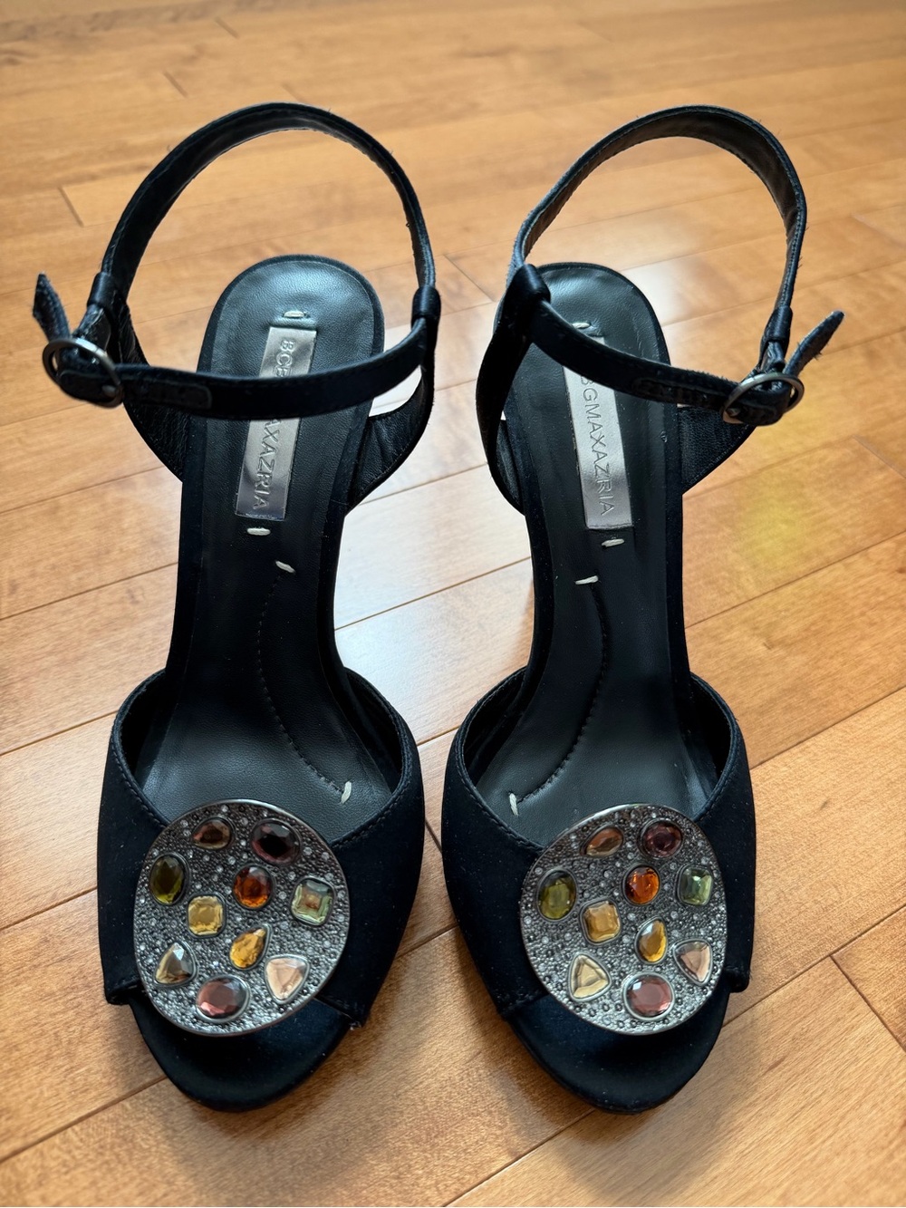 BCBGMaxAzria Black Open-Toe Heels with Multicolor Gem Medallions